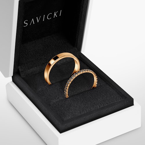 Obrączki Share Your Love: złote, czarny diament, płaskie, 1,5 mm i 3 mm